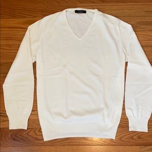 Zara Men's White V-Neck Sweater - Medium